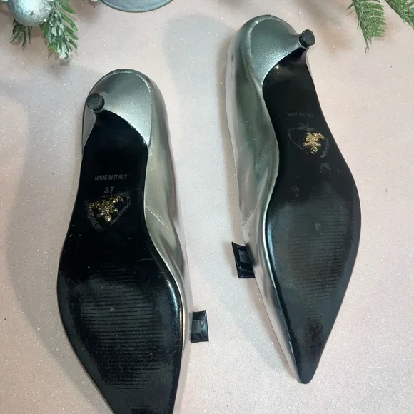 Prada patten silver leather kitten heels with black leather bow size 6.5 US - Picture 8 of 14